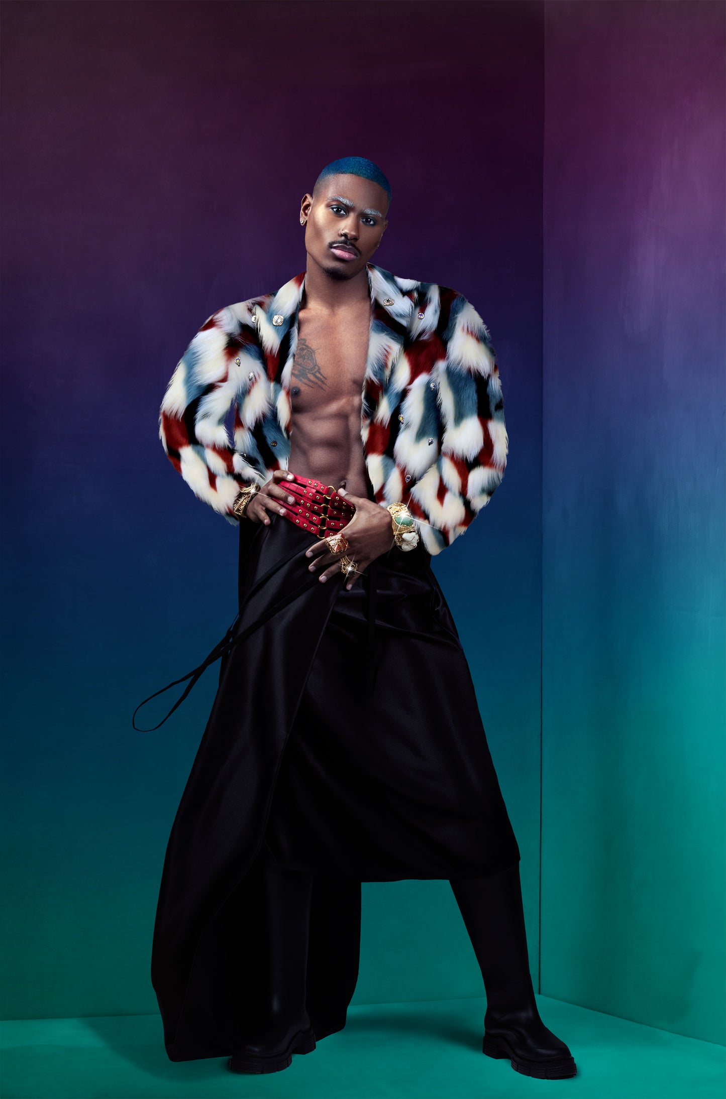 MICHE SKIRT ENSEMBLE WITH FOX FUR TUXEDO JACKET