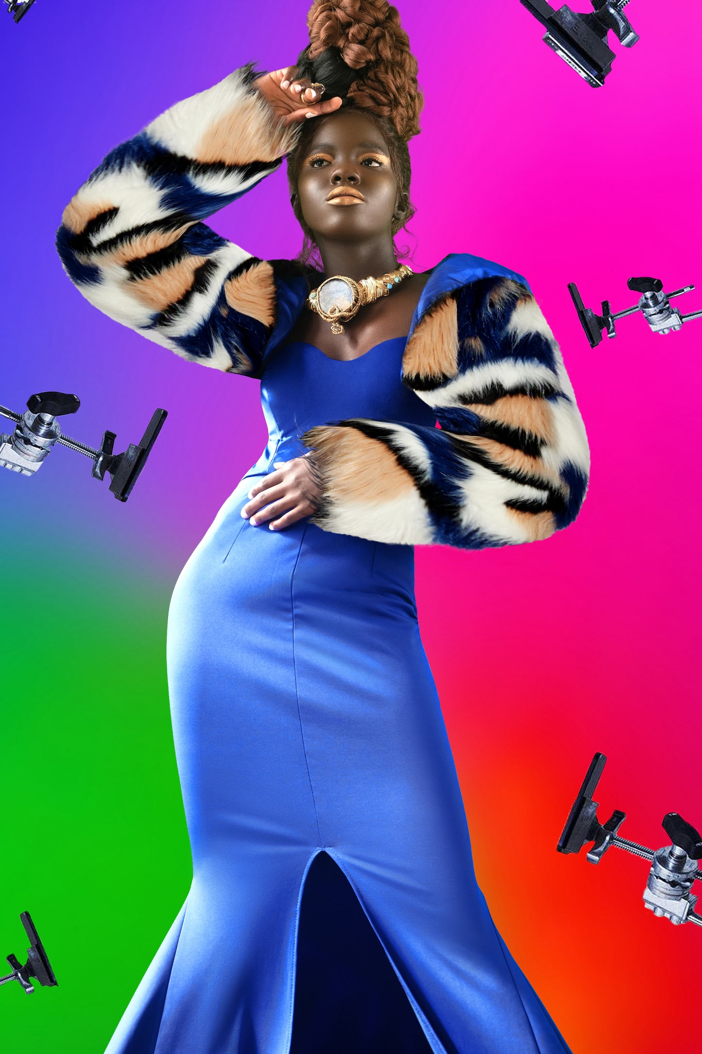 BLEUE LA ROBE DE COCKTAI GOWN WITH BALERO FOX FUR JACKET
