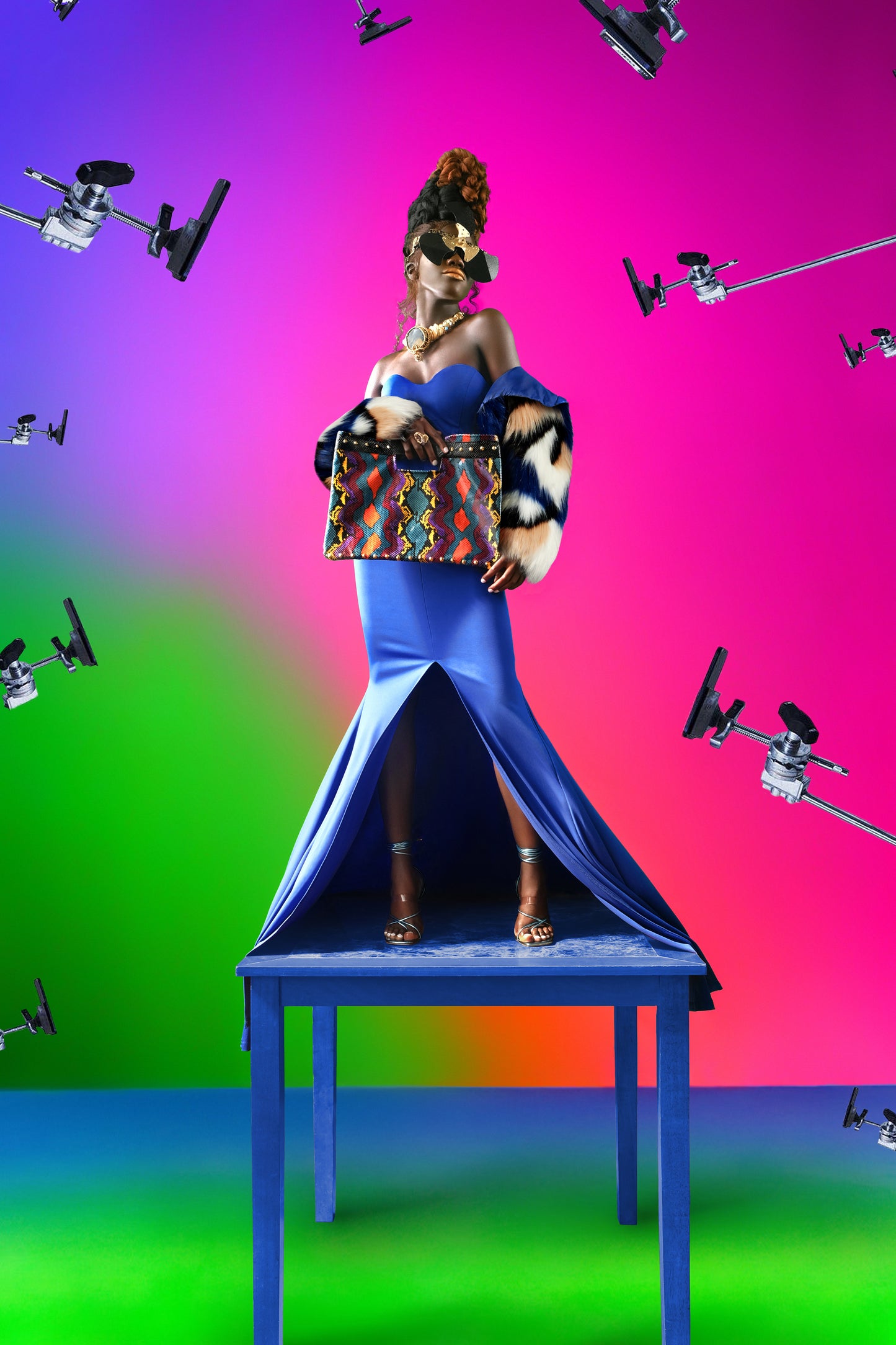 BLEUE LA ROBE DE COCKTAI GOWN WITH BALERO FOX FUR JACKET