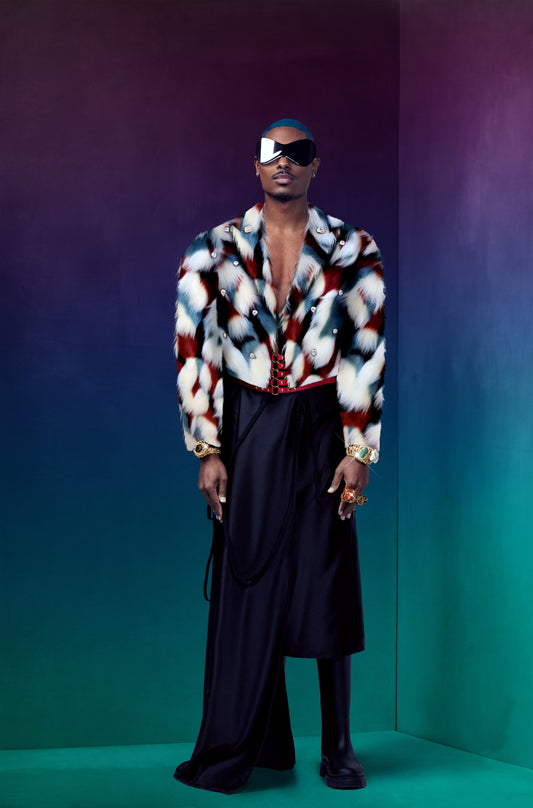 MICHE SKIRT ENSEMBLE WITH FOX FUR TUXEDO JACKET