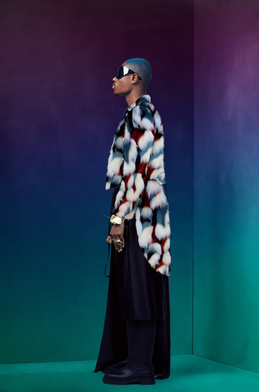 MICHE SKIRT ENSEMBLE WITH FOX FUR TUXEDO JACKET
