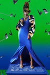 BlEUE LA ROBE DE COCKTAIL BALERO JACQUARD FAUX FOX FUR JACKET WITH GOWN SET