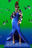 BlEUE LA ROBE DE COCKTAIL BALERO JACQUARD FAUX FOX FUR JACKET WITH GOWN SET
